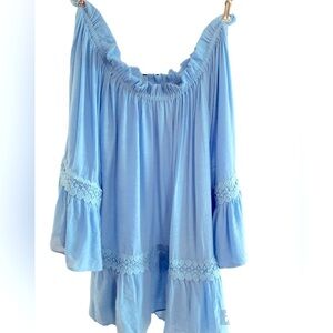 Light blue off the shoulder w/bell sleeves & embroidery on sleeve/above hem